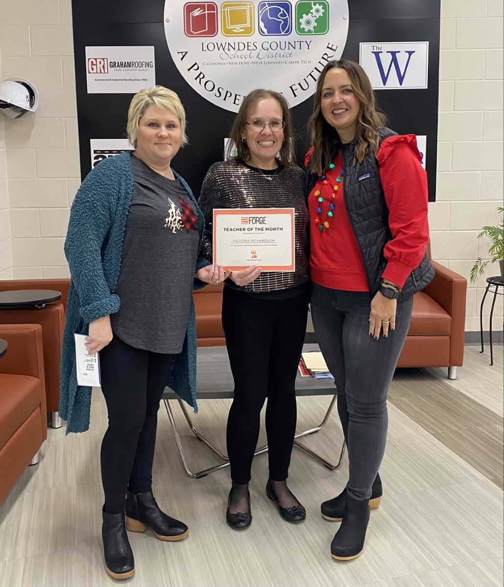 forge_yourpath's tweet photo. Congratulations to Mrs. Victoria Richardson for being selected as the FORGE Teacher of the Month for December! 👏👏👏 Pictured below are Christee Holbrook, Victoria Richardson &amp; Katie McCrary.

#makingtradescoolagain #forgeyourpath #thefutureisinyourhands https://t.co/A3nDmWELKG