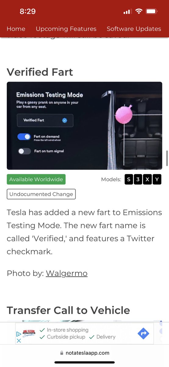 ashgrzz's tweet photo. @elonmusk keeps firing people at @Twitter but meanwhile at @Tesla he’s paying people to update my car’s software so now I can make it fart remotely from my phone app. They also added a new fart sound called “verified fart” which has a Twitter blue check mark. https://t.co/1XJNjFvw5h