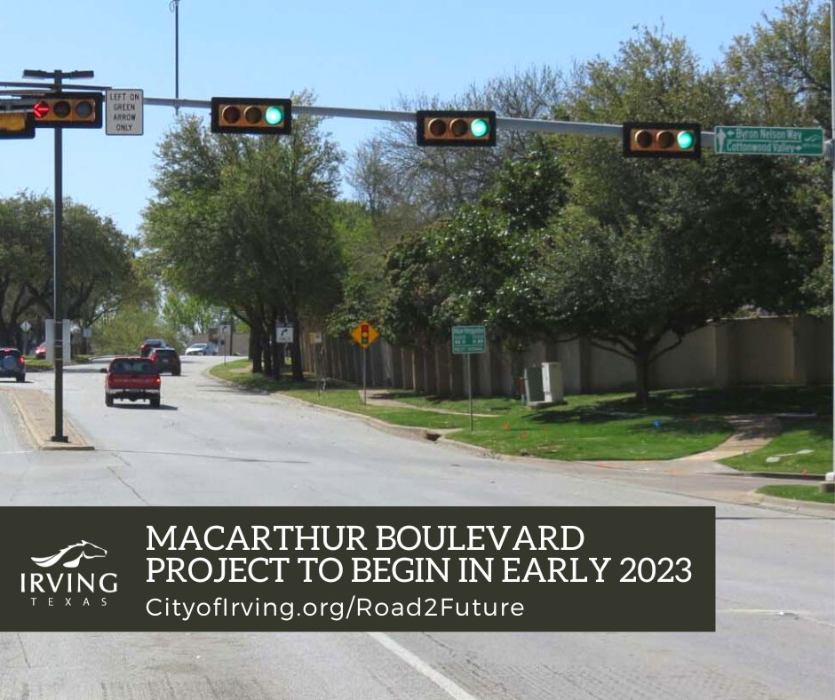 thecityofirving's tweet photo. In Jan, crews will begin work on MacArthur Blvd., from Northgate Dr. to Byron Nelson Way. They're installing new storm drainage, and a new water main from Northgate Dr. to Cottonwood Valley Dr. #IrvingInvests Read more: https://t.co/98xkWQchY0 https://t.co/b7ccqqcEM7