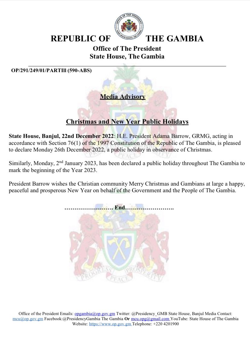 State House of The Gambia on Twitter "Public Holiday Announcement"