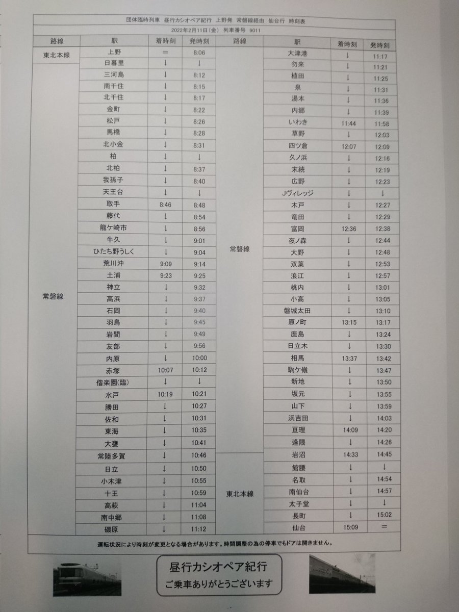 2022/12/23(金)運行予定 常磐線経由 カシオペア紀行仙台ゆき スジ参考