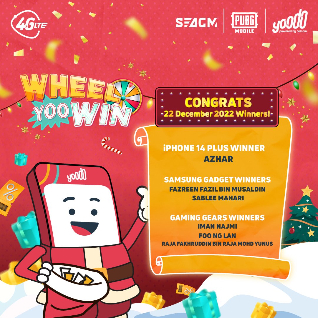 yoodoMY's tweet photo. Yoo-hoo, itโs Christmas come early! Congrats to our FINAL Round #WheelYooWin Grand Prize WINNERS! ๐คฉ
But donโt worry if you missed out on the rad prizes. With Yoodo, just do it your way & get rewarded ๐
#youdoitbetter #Yoodoityourway #wheelyoowin @SEAGM @pubgmobilemy https://t.co/X1lBhT6KSL