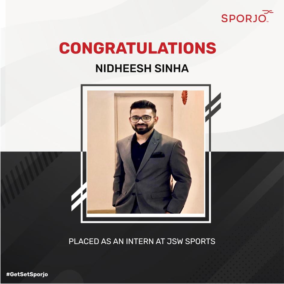 A big shoutout to @Nidheesh Sinha for his unrelenting hard work &amp; dedication. 

Wishing him all the very best to reach his goals at JSW Sports Pvt Ltd. 

To know more about Sporjo, - bit.ly/3nDal6b

#GetSetSporjo #Sporjo #SporjoForLife #sportsmangement #IndianSports