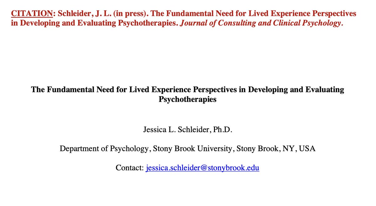 File under 'career things I was sure couldn't happen, part 94' My viewpoint arguing that psychologists must stop excluding experts by experience from tx design, in which I self-identify as a person w/ lived experience, is in press at Journal of Consulting & Clinical Psychology🤯