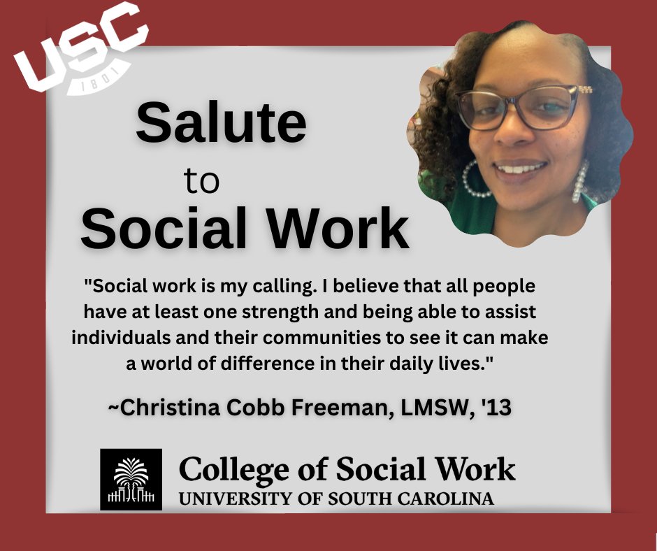 uofsccosw's tweet photo. In our latest #SaluteToSocialWork, we hear from an #MSW alumna making an impact upon children and @UofSCCOSW students. Meet Christina Freeman, MSW '13! @UofSCCoSWFEO #socialwork #RightTimeForSocialWork #Gamecocks https://t.co/ER7mutFbZr