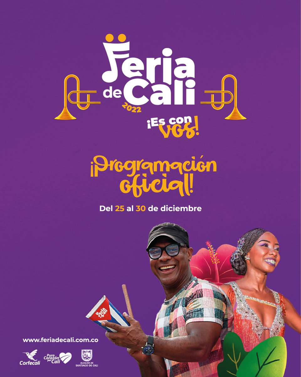feriadecaliof's tweet photo. PROGRAMACIÓN OFICIAL FERIA DE CALI 2022💃🏼🎶👹

Más de 70 eventos y el 95%  de ellos son de ACCESO GRATUITO, este año #LaFeriaDeCaliEsConVos. Así que tomá nota y agendate para los 6 días más alegres del año, agendate para gozarte con propios y extraños ¡La #FeriaDeCali2022!

🧵 https://t.co/MfZQ74Tt9m