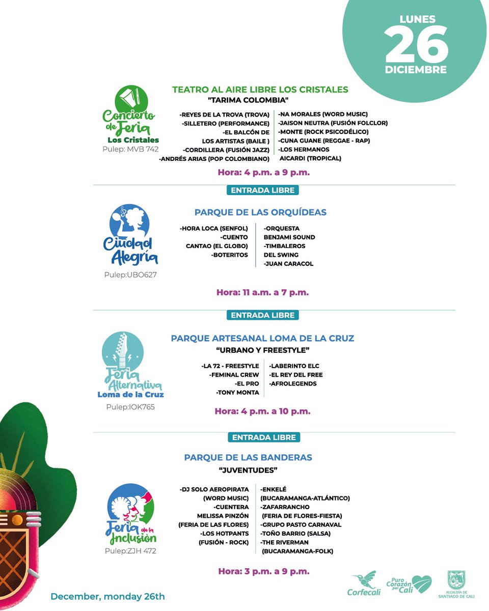 feriadecaliof's tweet photo. PROGRAMACIÓN OFICIAL FERIA DE CALI 2022💃🏼🎶👹

Más de 70 eventos y el 95%  de ellos son de ACCESO GRATUITO, este año #LaFeriaDeCaliEsConVos. Así que tomá nota y agendate para los 6 días más alegres del año, agendate para gozarte con propios y extraños ¡La #FeriaDeCali2022!

🧵 https://t.co/MfZQ74Tt9m