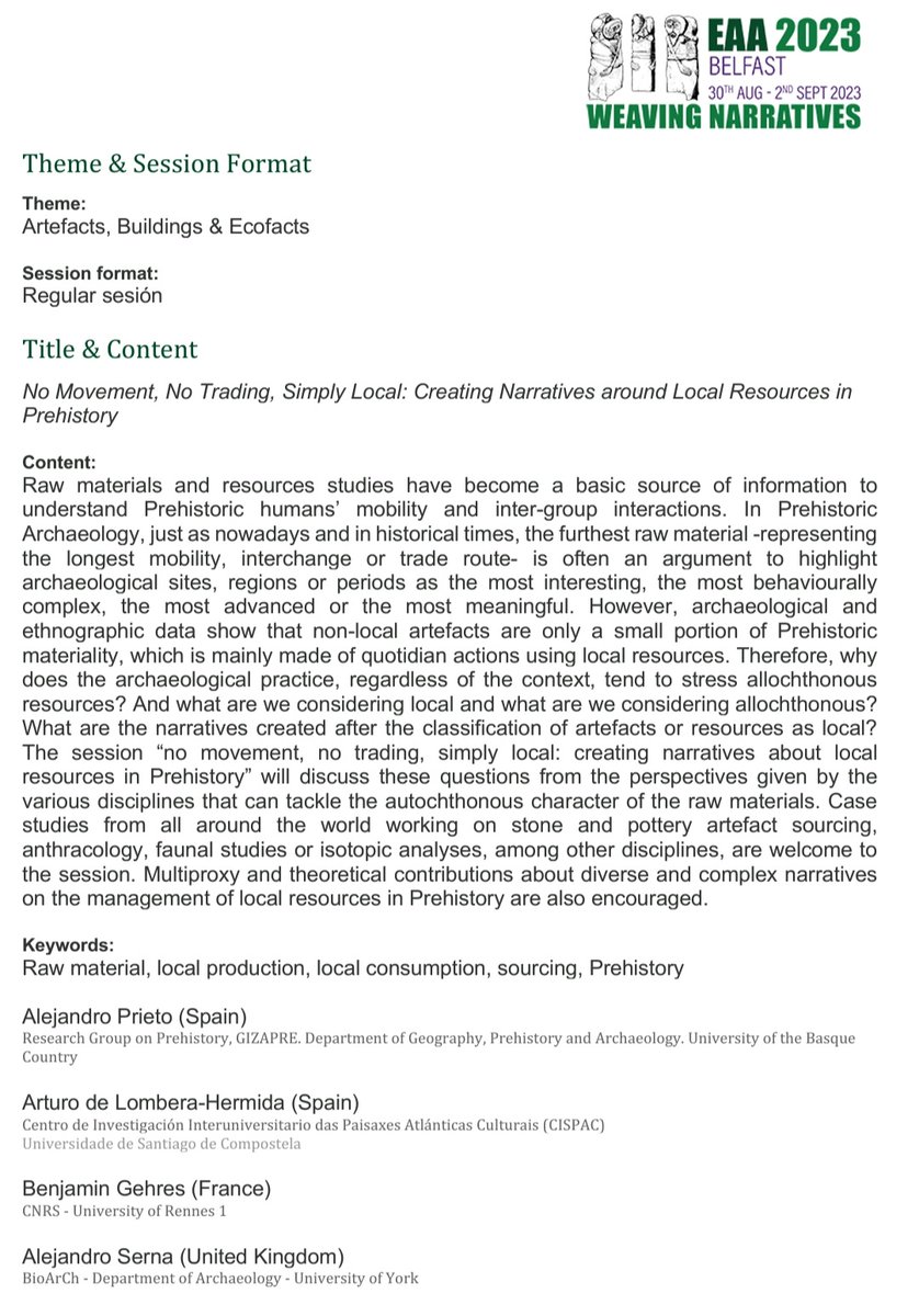 Benjamin Gehres Dr. (@bengehres) on Twitter photo Call for Papers! <a href="/archaeologyEAA/">European Association of Archaeologists</a>
Session #400: No Movement, No Trading, Simply Local: Creating Narratives around Local Resources in Prehistory
Organisers
Alejandro Prieto @quartziteArch
Arturo de Lombera Hermida <a href="/PaleoNets/">Arturo de Lombera-Hermida</a>
Alejandro Serna <a href="/ArchaeoAle/">Alejandro Serna⛏️</a>
Benjamin Gehres <a href="/BenGehres/">Benjamin Gehres Dr.</a> Call for Papers! <a href="/archaeologyEAA/">European Association of Archaeologists</a>
Session #400: No Movement, No Trading, Simply Local: Creating Narratives around Local Resources in Prehistory
Organisers
Alejandro Prieto @quartziteArch
Arturo de Lombera Hermida <a href="/PaleoNets/">Arturo de Lombera-Hermida</a>
Alejandro Serna <a href="/ArchaeoAle/">Alejandro Serna⛏️</a>
Benjamin Gehres <a href="/BenGehres/">Benjamin Gehres Dr.</a>