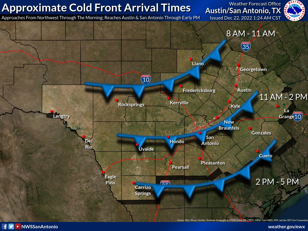 ComalCountyTX's tweet photo. Everyone is asking ... What time will the cold front be here?
Here's the approximate time for arrival in Comal County.
We'll continue to share the latest updates from the National Weather Service with you throughout the day and night.
#ComalCountyCommunity https://t.co/p0gjlWBSQY
