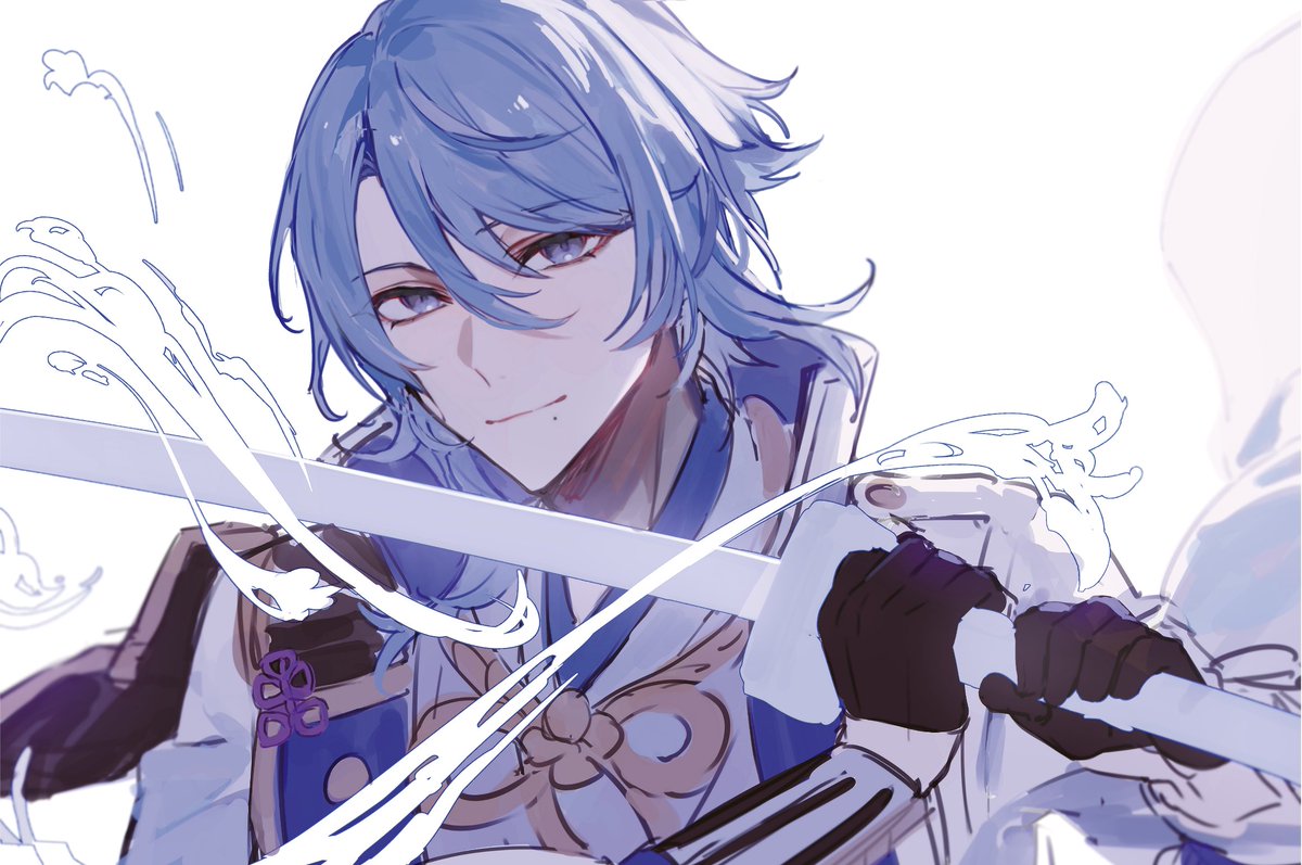 kamisato ayato 1boy weapon male focus sword blue hair holding holding weapon  illustration images