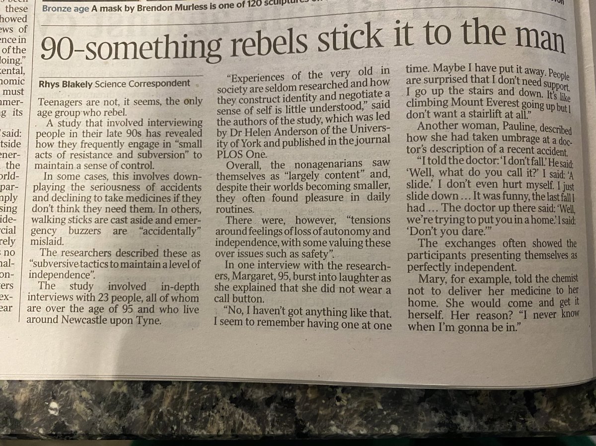 DrHelenAnderson's tweet image. Really pleased our paper about people aged over 95 yrs old was featured in @thetimes today. It’s great people are talking about the experiences of this under researched group @HealthSciYork @UniofNewcastle