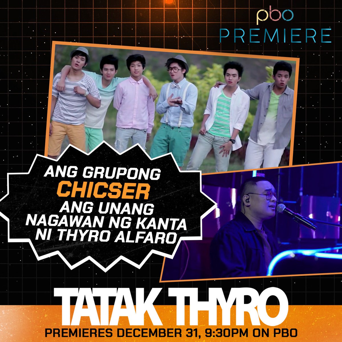PinoyBoxOffice's tweet photo. ๐ถ Hello! Hello! Oh! Oh! Oh! ๐ถ
Ano kayang kanta ang ginawa ni #ThyroAlfaro para sa #Chicser? ๐ค
Maki-jam sa #TatakThyro ngayong Sabado, December 31, 9:30PM sa PBO Premiere. #UnaKaRito https://t.co/hHP2FxTcoj