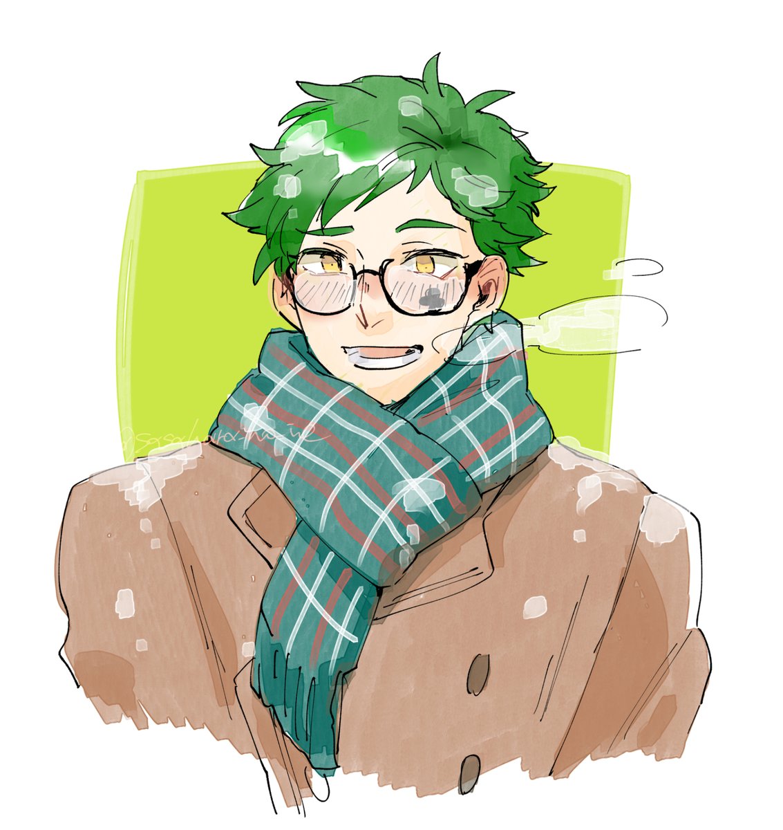 1boy scarf male focus green hair glasses solo upper body  illustration images