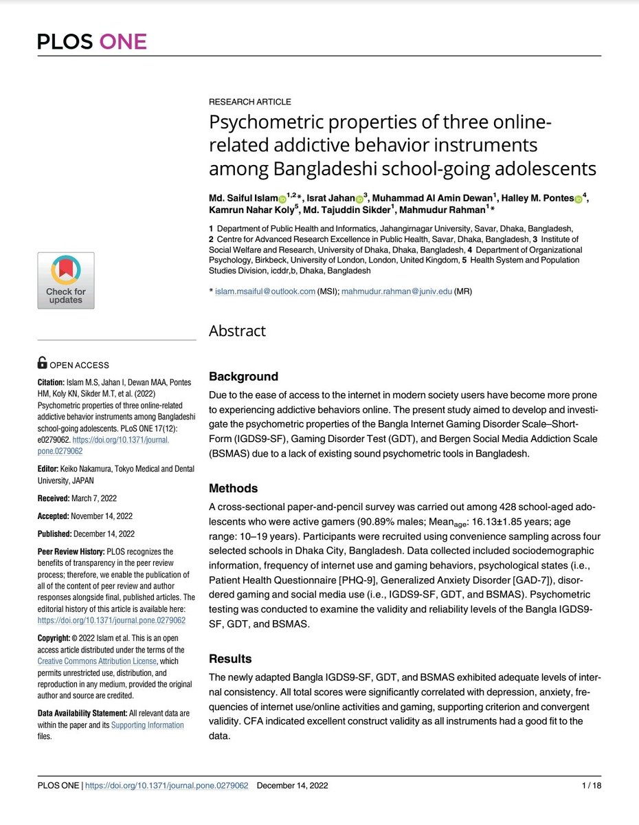 SaifulMsh's tweet image. Our paper on three online-related addictive behavior instruments published in the PLoS ONE! We translated three screening tools in Bengali languages and adopted these in the Bangladeshi cultural context.

You may check it out here: doi.org/10.1371/journa…