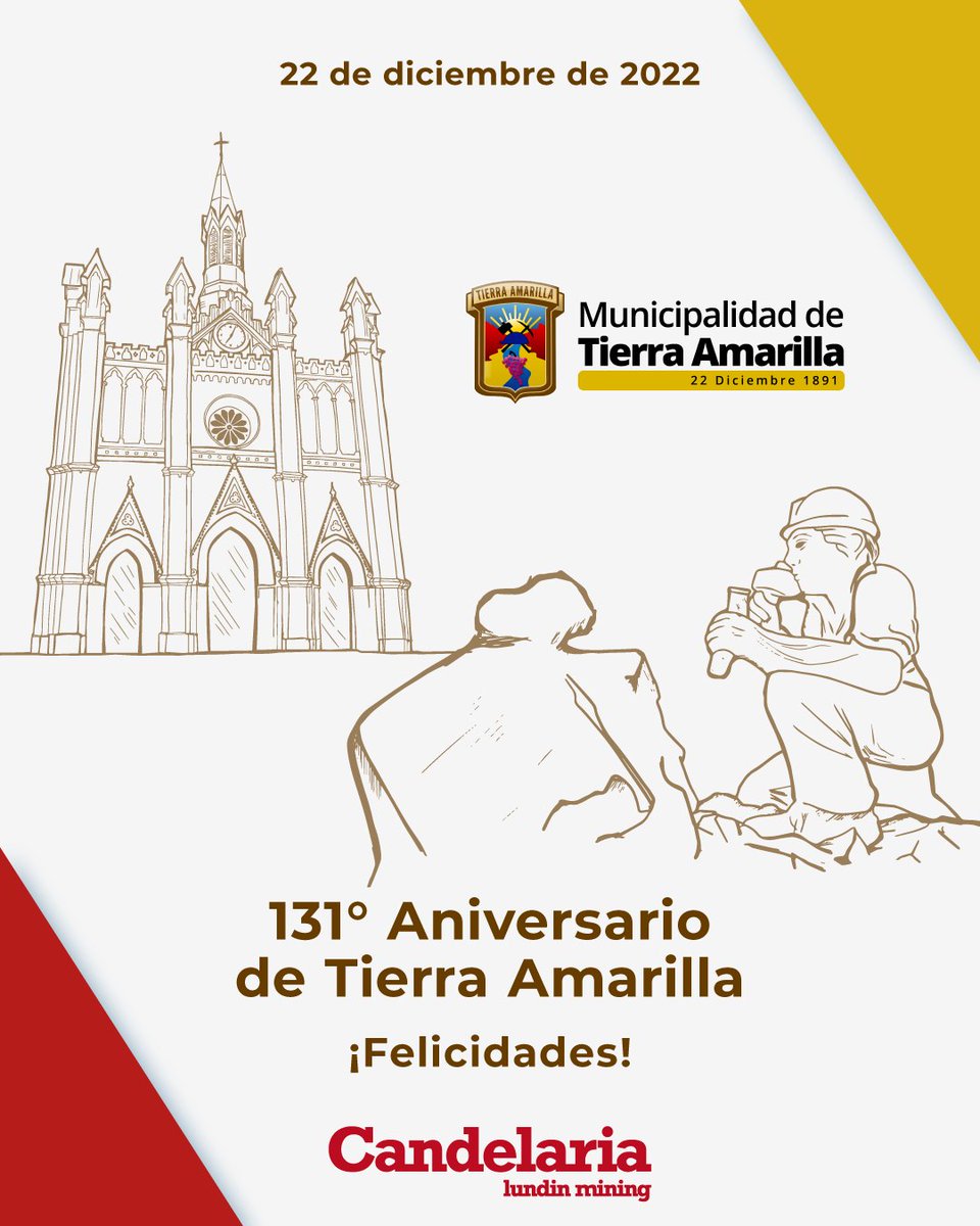 CCMCandelaria's tweet photo. Saludamos a la comunidad de Tierra Amarilla al conmemorar su 131° aniversario, reafirmando nuestro compromiso de seguir trabajando juntos por su desarrollo y un mejor futuro para sus vecinos y vecinas ¡Felicidades!
#AniversarioTierraAmarilla #MineraCandelaria #DistritoCandelaria https://t.co/9MpzVpLpjs