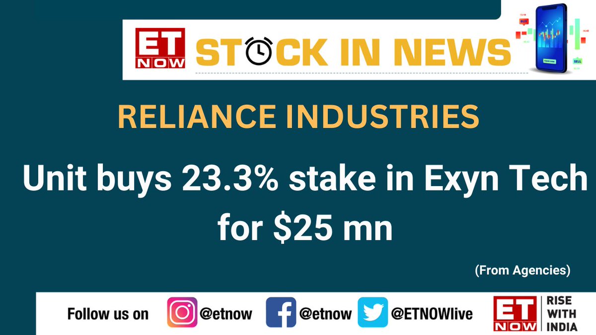 ETNOWlive's tweet photo. #StocksToWatch |  Reliance Industries: Unit buys 23.3% stake in Exyn Tech for $25 mn (From Agencies)

#Reliance #RelianceIndustries #Exyn #StockInNews https://t.co/PfbnvI3Hmp