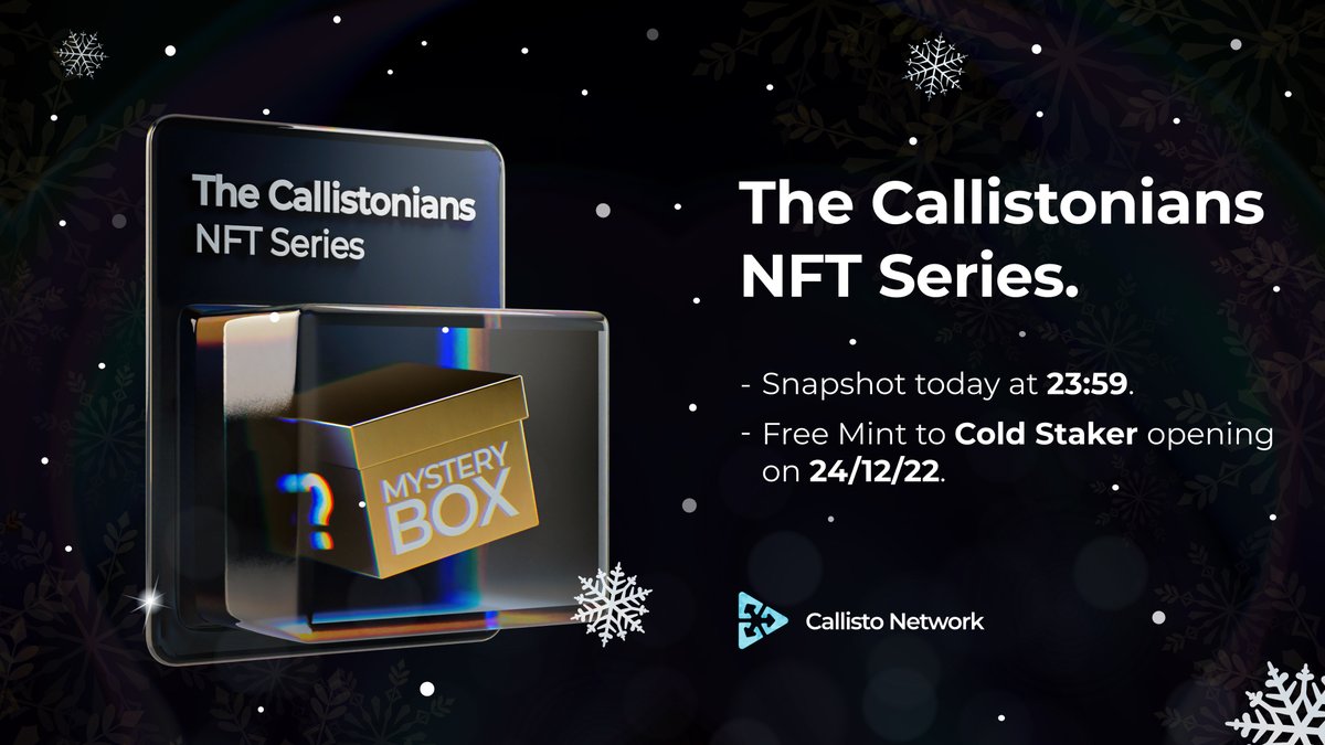FushumaChain's tweet photo. Santa Clo is Coming ☃️, and he has a bag full of #CallistoNFT's for all cold stakers.

Just be staking $CLO on #CallistoNetwork today at 23:59 UTC, and Santa Clo snapshot will see you. 👀

Read all about it here:
🎄 https://t.co/UbDX6VjrUn https://t.co/r7JwXM3dq6