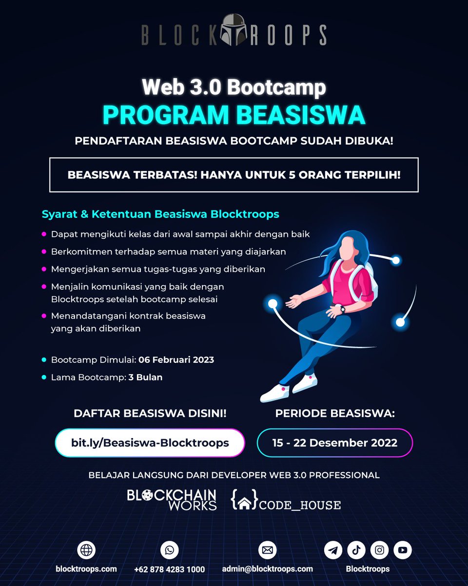 blocktroops's tweet photo. Demi mendukung kemajuan teknologi dan programmer web3 di Indonesia, dengan ini Blocktroops memberikan BEASISWA BOOTCAMP WEB 3.0 UNTUK 5 ORANG yang beruntung!
#blocktroops #codehouse #blockchainworks #web3 #blockchain #workshop #bootcamp #webinar #beasiswa #bitcoin #crypto https://t.co/O2hKzsur8i