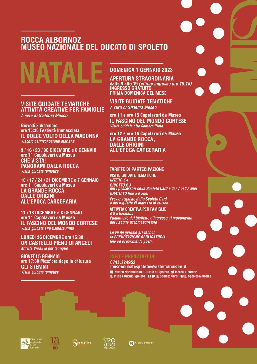 #laroccainvita

🎅🏻A NATALE....REGALATI UN MUSEO🌲

📍Vi proponiamo un ricco calendario di iniziative per le prossime #festivitá👍🏻❄️

<a href="/MiC_Italia/">Ministero della Cultura</a> <a href="/DirMuseiUmbria/">Direzione Regionale Musei Umbria</a> <a href="/SistemaMuseo/">Sistema Museo</a> <a href="/SpoletoCard/">Spoleto Card</a> <a href="/museitaliani/">museitaliani</a> <a href="/longobardinita/">Longobardi in Italia</a>