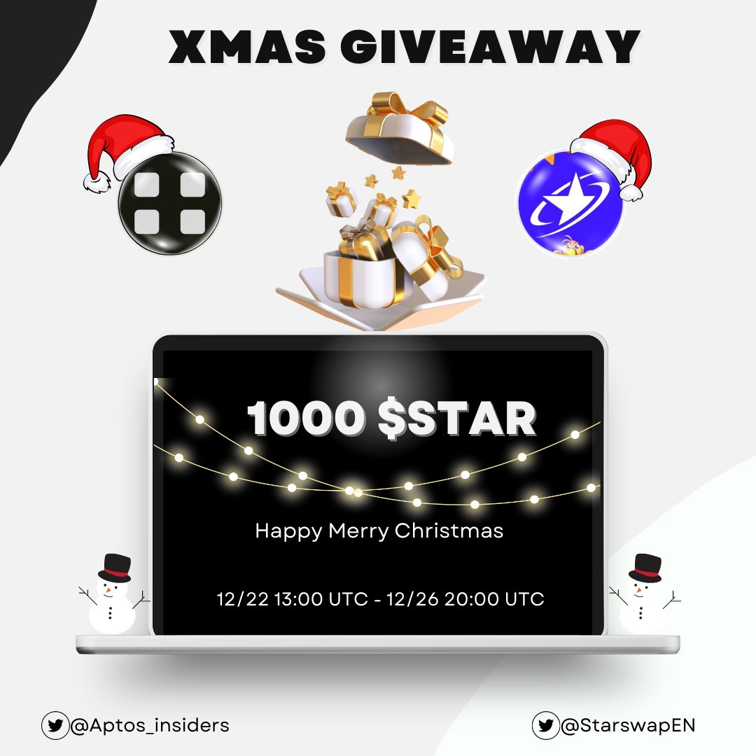 SolCommunityy's tweet photo. #XMAS2022 GIVEAWAY No.2

🎁Celebrate Merry Christmas - Giveaway 1000 $STAR tokens!

Rules to win 1000 $STAR tokens👇
1️⃣ Follow @StarcoinSTC + @StarswapEN + @Aptos_insiders
2️⃣ Like, RT this tweet
3️⃣ Tag 3 friends and #Christmas 

⏰48 hours

#Aptos $STC #Xmas #Giveaway https://t.co/cYbOlqKYte