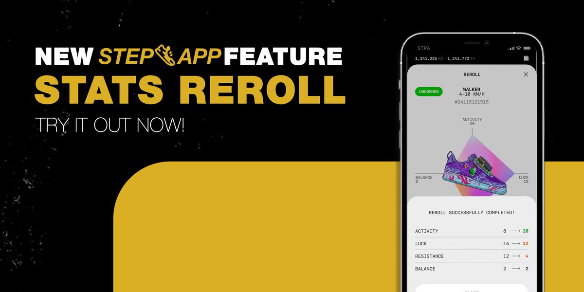StepApp_'s tweet photo. Introducing Step App’s New Feature: The Stats Reroll! 🎉🎲

Not 100% satisfied with your current SNEAK attributes? As of now, you can reroll the stats of your SNEAK for a chance to improve its attributes! 

Read more about it here: https://t.co/prZ0Drslcw https://t.co/H0FLVmXora