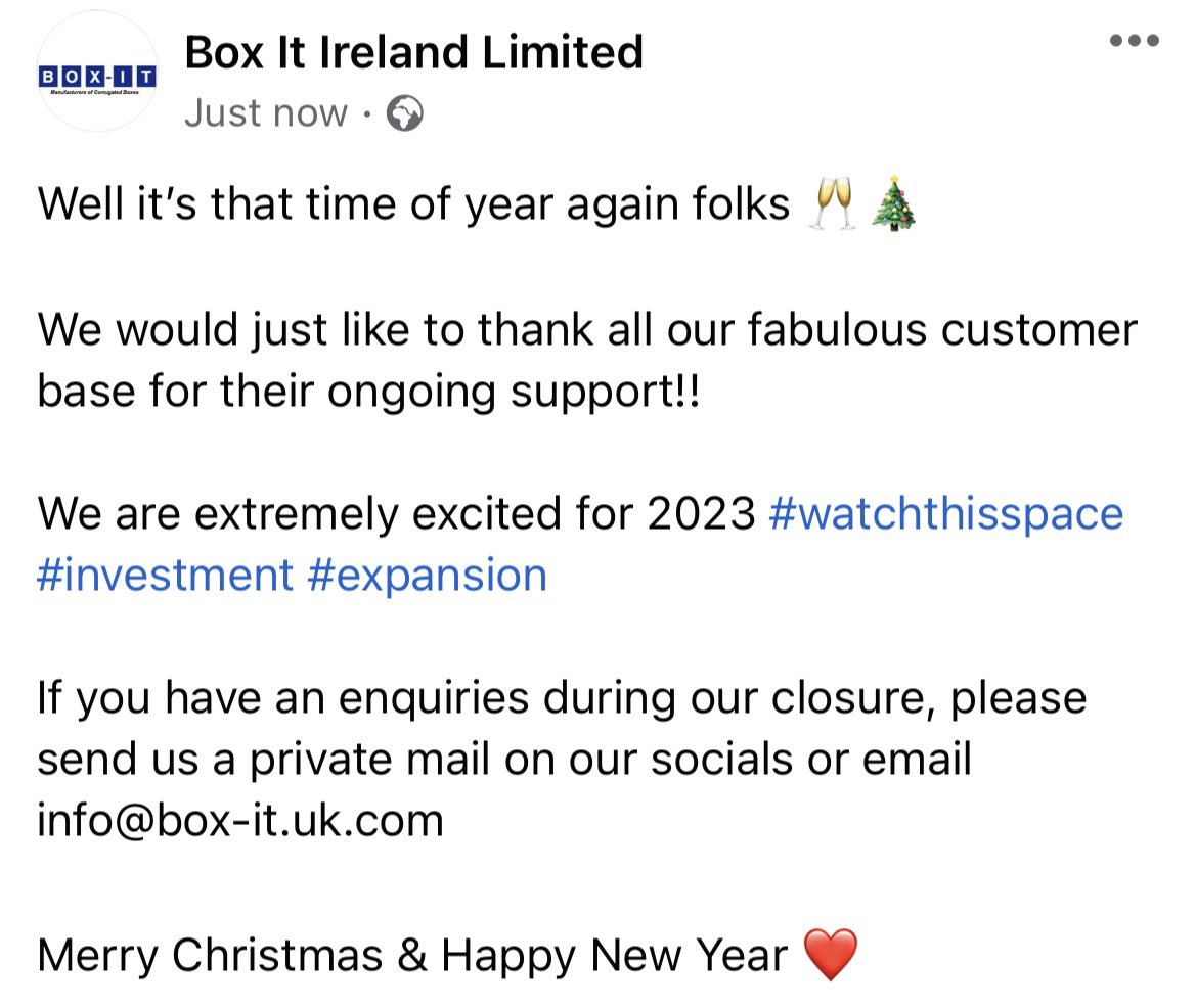 box_ireland's tweet photo. #MerryChristmas #HappyNewYear #2023goals #watchthisspace #investment #growth #expansion #exciting #thankyou https://t.co/GBXbzRaAFH