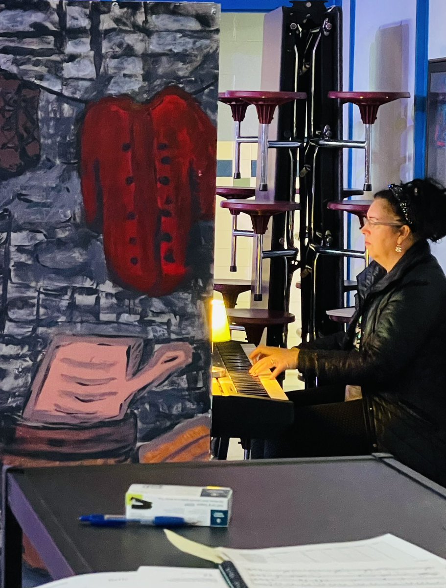 PyneArtsLPS's tweet photo. December break may be just a day away, but our cast and crew are deep in tech rehearsals for the upcoming show. We have Ms. Hebert running the light board and Mr. Labrie handling sound tech. Today, we met our piano accompanist Kim and did our first run-through with live music! https://t.co/QBvKfUYm7a