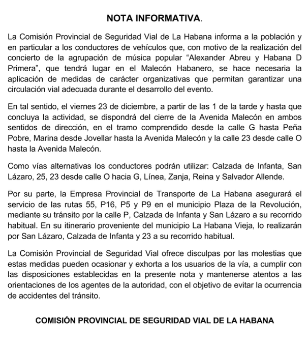 ‼️Nota Informativa ‼️ de la Comisión Provincial De Seguridad Vial de La Habana.
👇