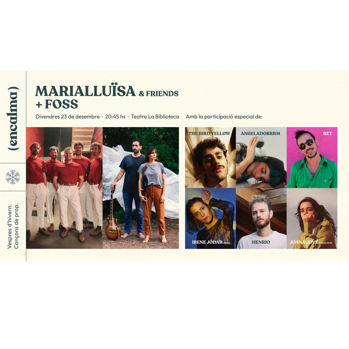 bankrobberbcn's tweet photo. Demà divendres!
MARIALLUÏSA & FRIENDS
+ @Fossmusic
Teatre de la Biblioteca de Catalunya
#EnCalma
Els @marialluiisam han preparat un concert especial, amb @selvanua, @IreneJodar, @thebirdyellow_, @angeladorrrm, @ret_ret_ret_ i @HENRIOmusic
Entrades:
https://t.co/YZxxPpV3vR https://t.co/SaKw4QeVwk