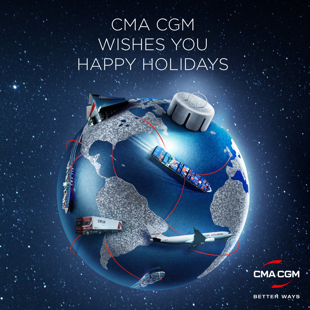 cmacgm's tweet photo. 🌟 Greetings from the CMA CGM family to yours! 

May this festive season be full of joy, whether you’re at sea, ashore or in the air! 💫 https://t.co/xJuPIgIW5x