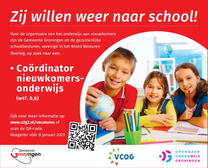 Voor de organisatie van het onderwijs aan nieuwkomers zijn de <a href="/gem_groningen/">Gemeente Groningen</a> en de gezamenlijke schoolbesturen op zoek naar een: coördinator nieuwkomersonderwijs. Zie voor meer info 👇