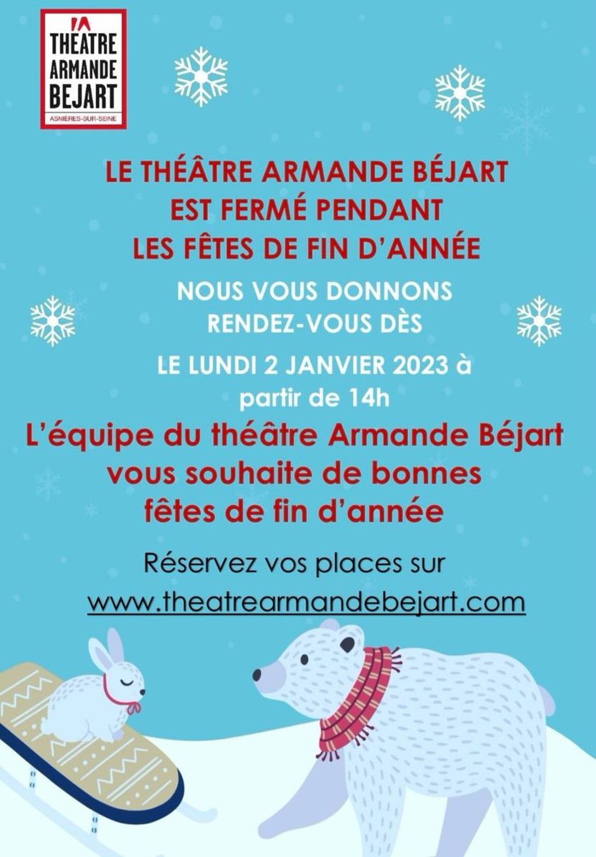 Toute l’équipe du Théâtre Armande Bejart vous souhaite de bonnes fêtes et nous vous donnons rendez-vous le lundi 2 janvier à partir de 14 heures !❄️🎄🎅🏻