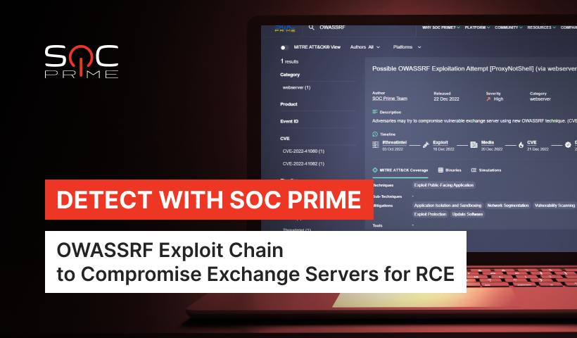 SOC_Prime's tweet photo. #Sigma rule to detect possible #Exchange server compromise using novel #OWASSRF method that chains CVE-2022-41080 and CVE-2022-41082 to bypass #ProxyNotShell mitigations and perform #RCE.

https://t.co/OL1OssSdTi

#CVE #BlueTeam #DFIR #threatdetection #threathunting #PoC #exploit https://t.co/7YmP7Wl5Vx