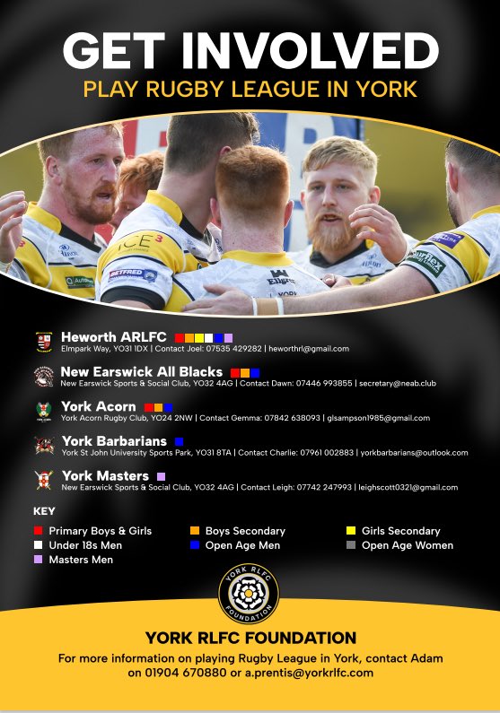 𝗣𝗹𝗮𝘆, 𝗖𝗼𝗮𝗰𝗵, 𝗩𝗼𝗹𝘂𝗻𝘁𝗲𝗲𝗿, 𝗢𝗳𝗳𝗶𝗰𝗶𝗮𝘁𝗲... 𝗚𝗲𝘁 𝗶𝗻𝘃𝗼𝗹𝘃𝗲𝗱 𝗶𝗻 𝗥𝘂𝗴𝗯𝘆 𝗟𝗲𝗮𝗴𝘂𝗲 𝗶𝗻 𝗬𝗼𝗿𝗸! 

Interested in finding your nearest community rugby league club? 

To find out more about your options please see below.

#WeAreYork⚔️
