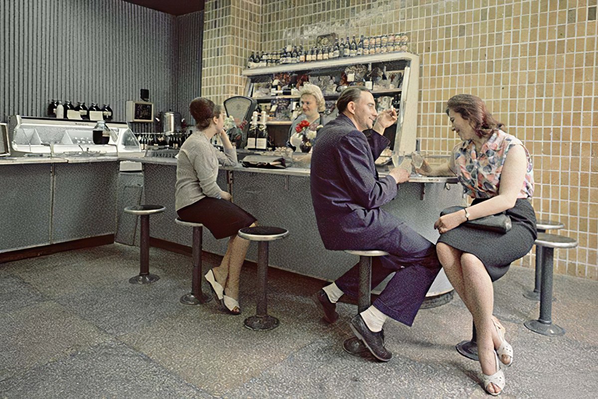 Collective farmers relax at a bar stand. Photo by P.Fedotov, Kharkiv region, Ukrainian SSR, 1971.