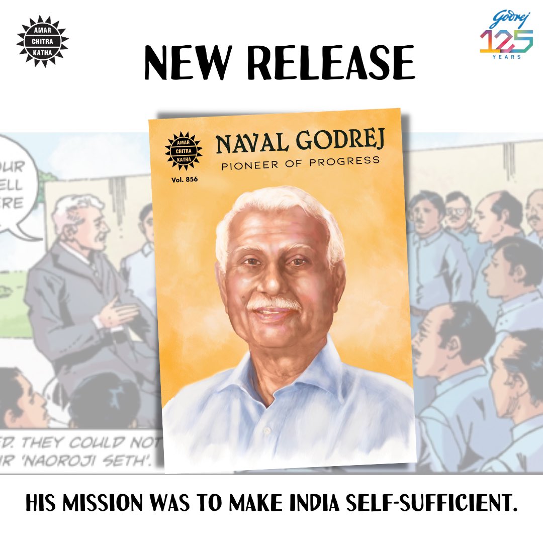 ACKComics's tweet photo. Naoroji ‘Naval’ Pirojsha Godrej followed in the illustrious footsteps of his uncle Ardeshir Burjorji Godrej, and father Pirojsha Burjorji Godrej to uphold the ideals of ‘Swadeshi’ and excellence in manufacturing. 

#amarchitrakatha #ack #ackcomics #godrej https://t.co/y1YjC8PZNE