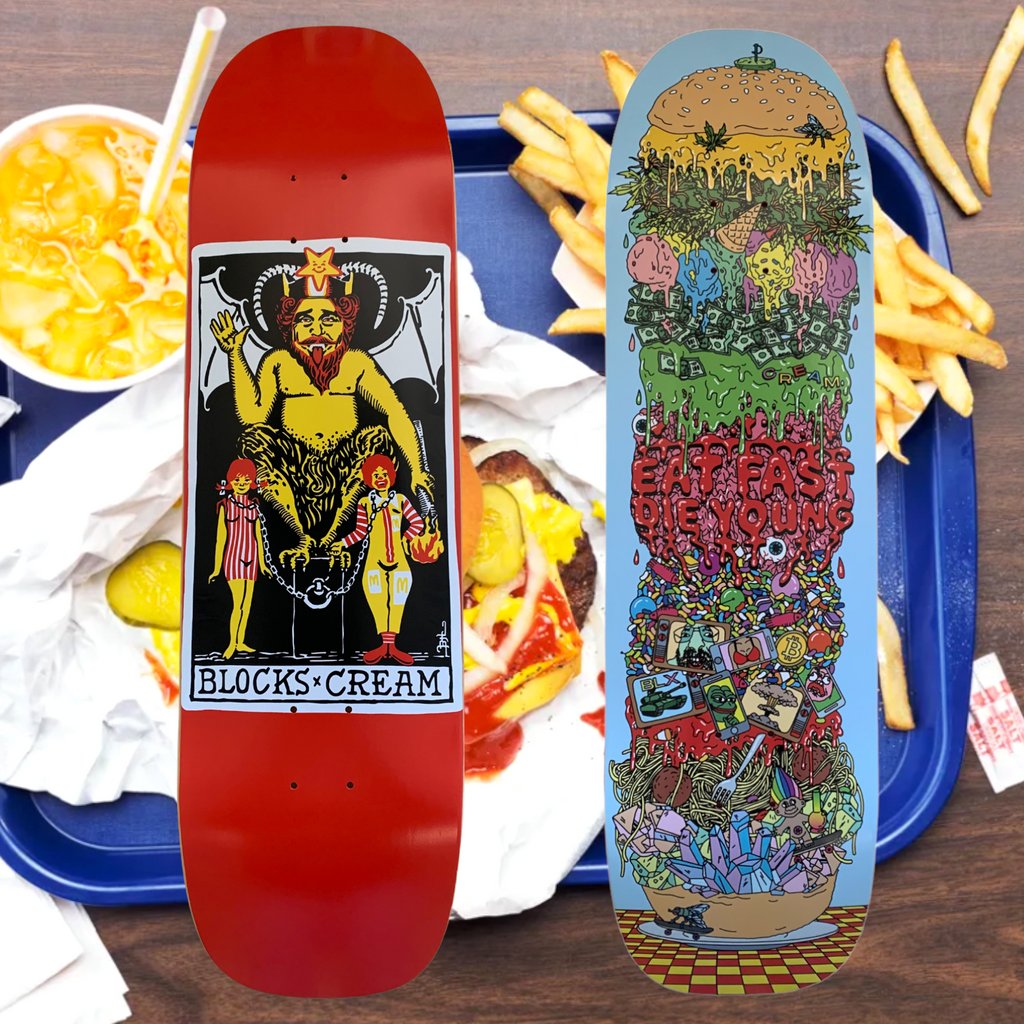 CREAMTucson's tweet photo. CREAM X @blxskateshop Eat Fast Die Young 10-layered Burger Board🍔 Ditch your bike, and buy a board to coast into this hell-scape we call earth.

https://t.co/0cnPYC6NTk and our retail store The CREAMERY.

#creamforever #BLX #cruisers #skateboards #skateislife #tricksandkicks https://t.co/wplQSNXPAq