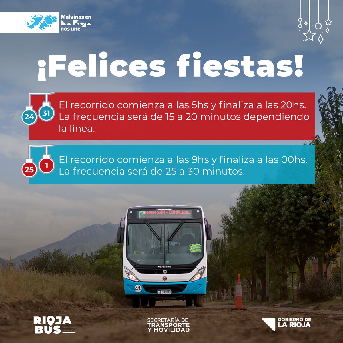 rioja_bus's tweet photo. ¡Felices fiestas! 🎅🎄

🚌 Informamos que el sábado 24 de diciembre, el servicio comenzará a las 5 de la mañana y finalizará a las 20 horas. Al igual que el sábado 31. https://t.co/Taredz9u9e