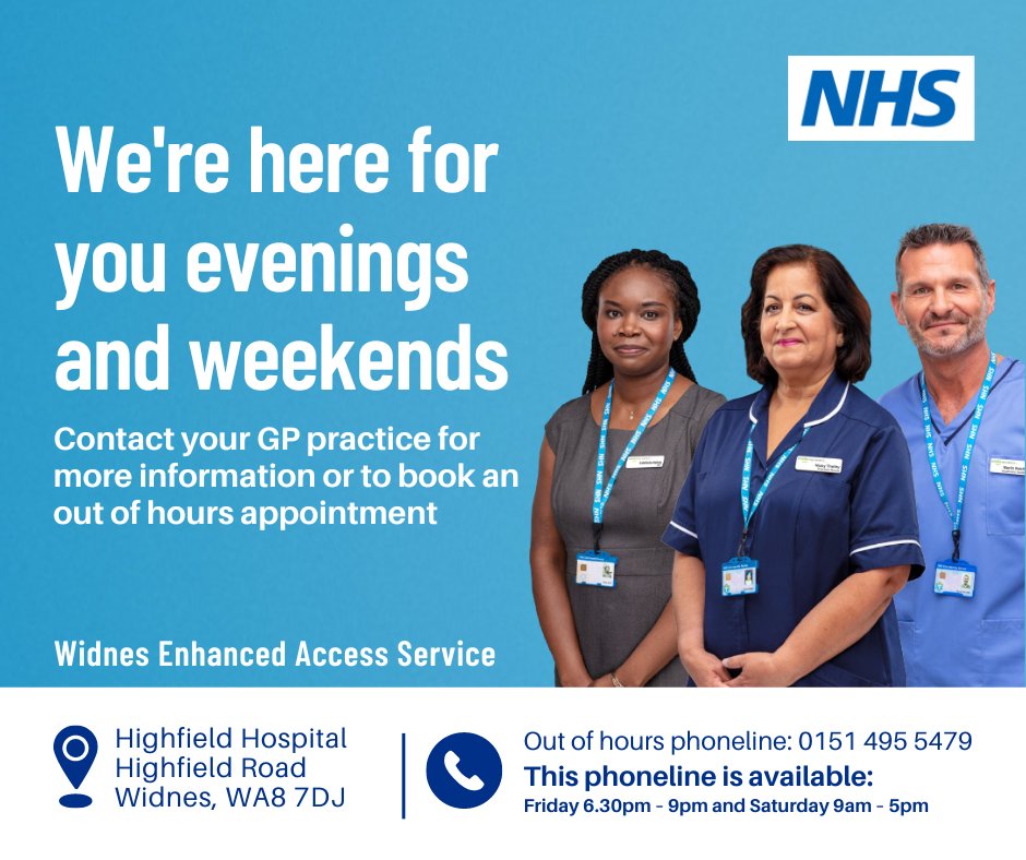 OneHalton's tweet photo. The Widnes Enhanced Access Service offer many additional appointments, outside of GP Practice opening hours
The service enables you to see a variety of healthcare professionals at Highfield Hospital

You can book an appointment by contacting your own GP Practice https://t.co/8xAv2Pd5zG