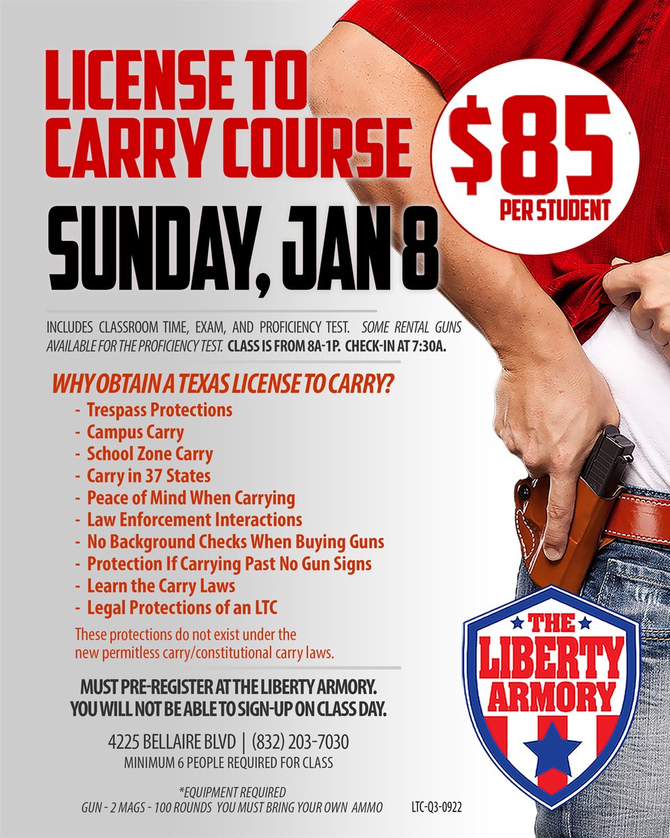 LibertyArmoryTX's tweet photo. Come by the shop to register for the LTC class on Jan 8th.

#training #usa #freedom #texas #ltc #america #shooting #guns #edc #merica #gun #concealedcarry #licensetocarry #everydaycarry #pewpew #gunsofinstagram #LTC #PersonalDefense #HomeDefense https://t.co/NotMEEvuqc