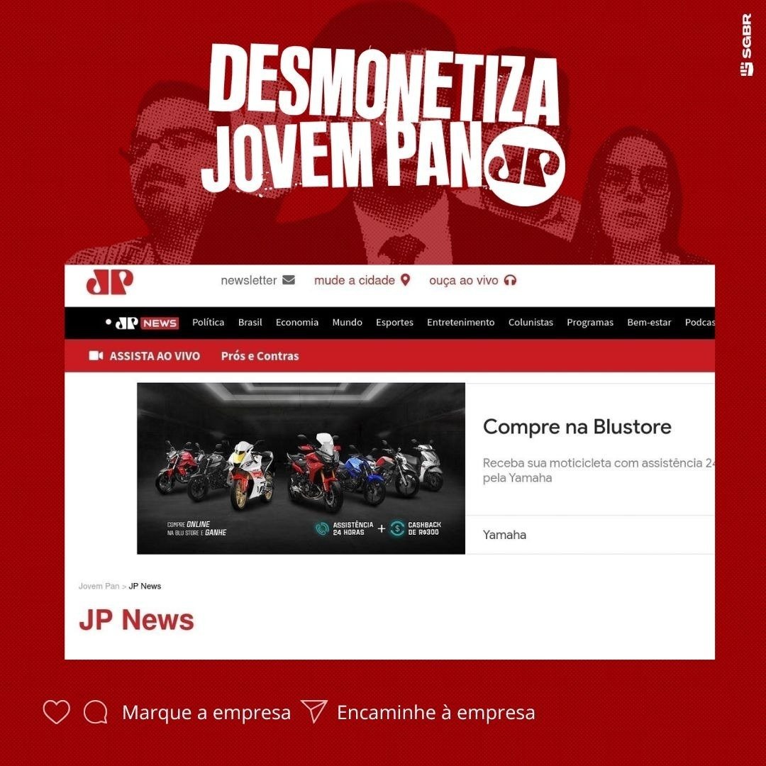 Olá <a href="/yamahabrasil/">Yamaha Motor do Brasil</a>, tudo bem? No verão é ótimo dar um passeio de moto e viajar com conforto, mas infelizmente seu anúncio está rodando em um site que prega golpismo. Acelere pela desmonetização! Pfv, #DesmonetizaJP! ✊🏽

Marque a empresa para conscientizá-la 👇🏽