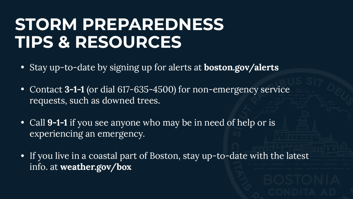 MayorWu's tweet photo. Our City teams are preparing for the upcoming storm. Please stay safe &amp; report non-emergency service requests to 3-1-1 (617-635-4500). If you see someone who may be experiencing an emergency, call 9-1-1. Follow @CityofBoston for updates &amp; learn more at https://t.co/VXM7JI3amF https://t.co/0yCra8fbPx