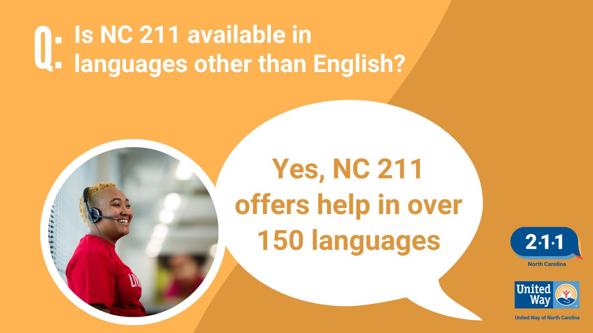 UnitedWayNC's tweet image. .@nc_211 has bi-lingual individuals on staff and uses professional language interpretation services to assist callers in over 150 languages! Simply call 2-1-1 or 1-888-892-1162.