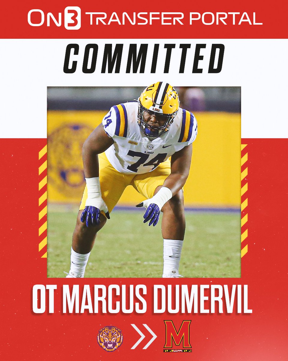 On3's tweet photo. 🚨BREAKING🚨 LSU OT transfer Marcus Dumervil commits to Maryland.

Story: https://t.co/WVfCqIK0zl https://t.co/JMDt3CoOqD