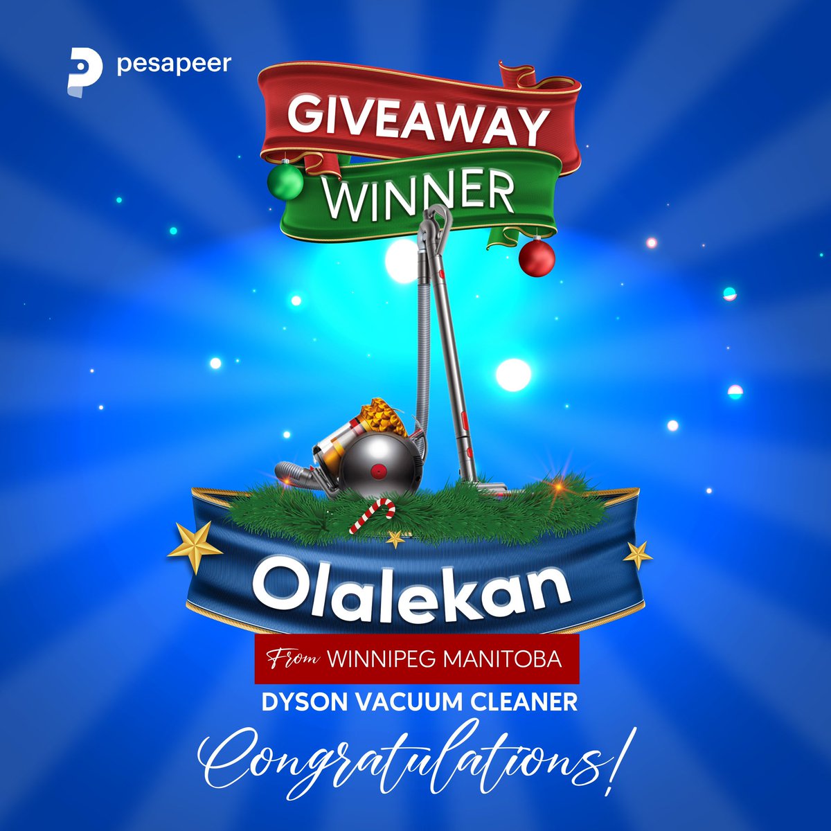 Congratulations to the day 5 winner of our 7 days of Christmas giveaway 🥳 

Olalekan has just won the ‘Dyson Vacuum Cleaner’🎉

5 more winners to go, stand a chance to win by sending funds with Pesapeer.

#fundstransfer #moneytransfer
#banktransfer #payments