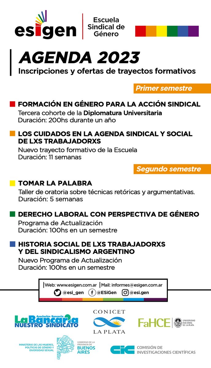 Compartimos la Agenda 2023 de la ESiGen con propuestas de nuevos trayectos formativos que estaremos lanzando durante el próximo año. 

Las inscripciones de cada curso se irán comunicando a través de las redes y la web de la Escuela.

¡Lxs esperamos!