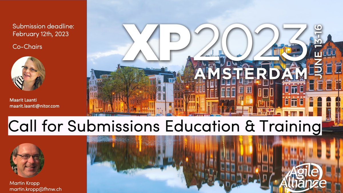 👉 Submit your presentation, workshop, report or paper now! 👈 Deadline for submission is February 12 🎉Agile in #Education and #Training is one of our topics at #XP2023 meet our co-chairs <a href="/MaaritLaanti/">Maarit Laanti</a> and <a href="/MartinKropp3/">Martin Kropp</a> Organised with the <a href="/AgileAlliance/">Agile Alliance</a>