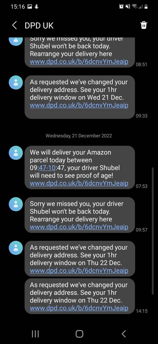 circusdog's tweet photo. @DPDgroup_news any chance I can have my parcel? Been trying for over a week, driver is taking pictures of the house so why can't he deliver it? He's saying he missed us, but my wife was home and nobody even knocked https://t.co/m0lY4qGZDu