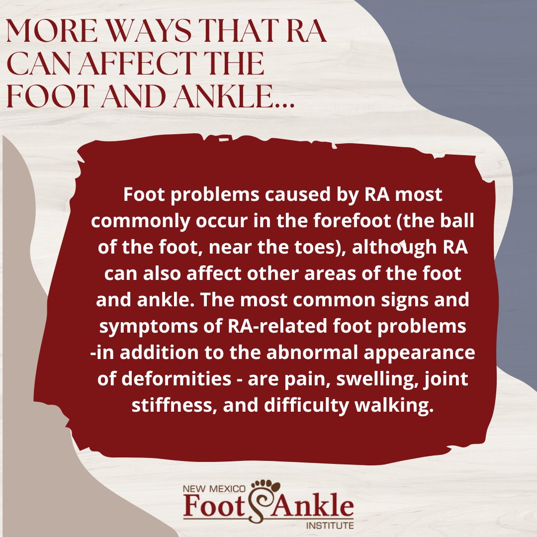 Don’t suffer from your RA symptoms. Make an appointment with us today! Link in bio.
.
.
.
#arthritis #rheumatoidarthritis #footarthritis #forefoot #footpain #painrelief #arthritispain #Albuquerque #bestdoctors #jointstiffness #podiatrist #NewMexicoFootAndAnkleInstitute #NMFAI