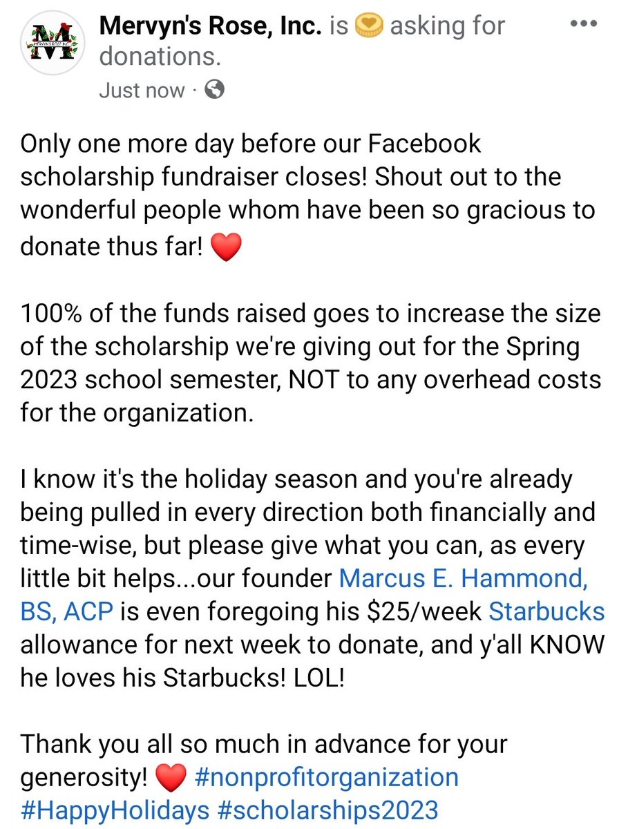 MervynsRoseInc's tweet photo. Only one more day before our @facebook scholarship fundraiser closes! Shout out to the wonderful people who have been so gracious to donate thus far! ❤️ Thank you all so much in advance for your generosity! #nonprofitorganization #HappyHolidays #scholarships2023 https://t.co/zm1Vm19Non